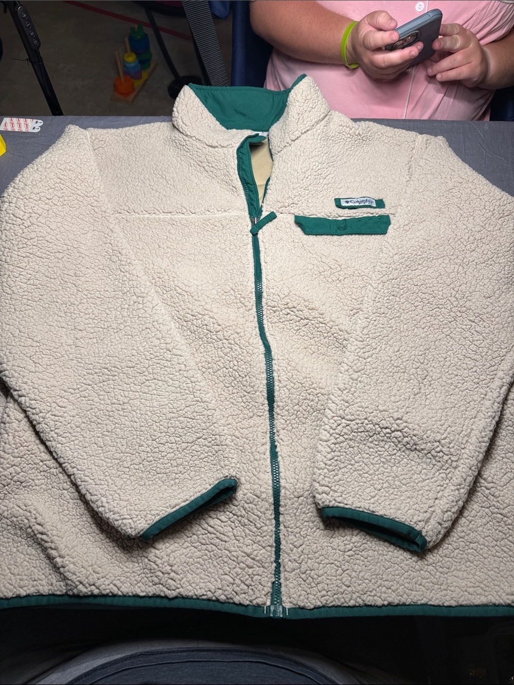 Columbia PFG Cream Sherpa Jacket with Green Lining